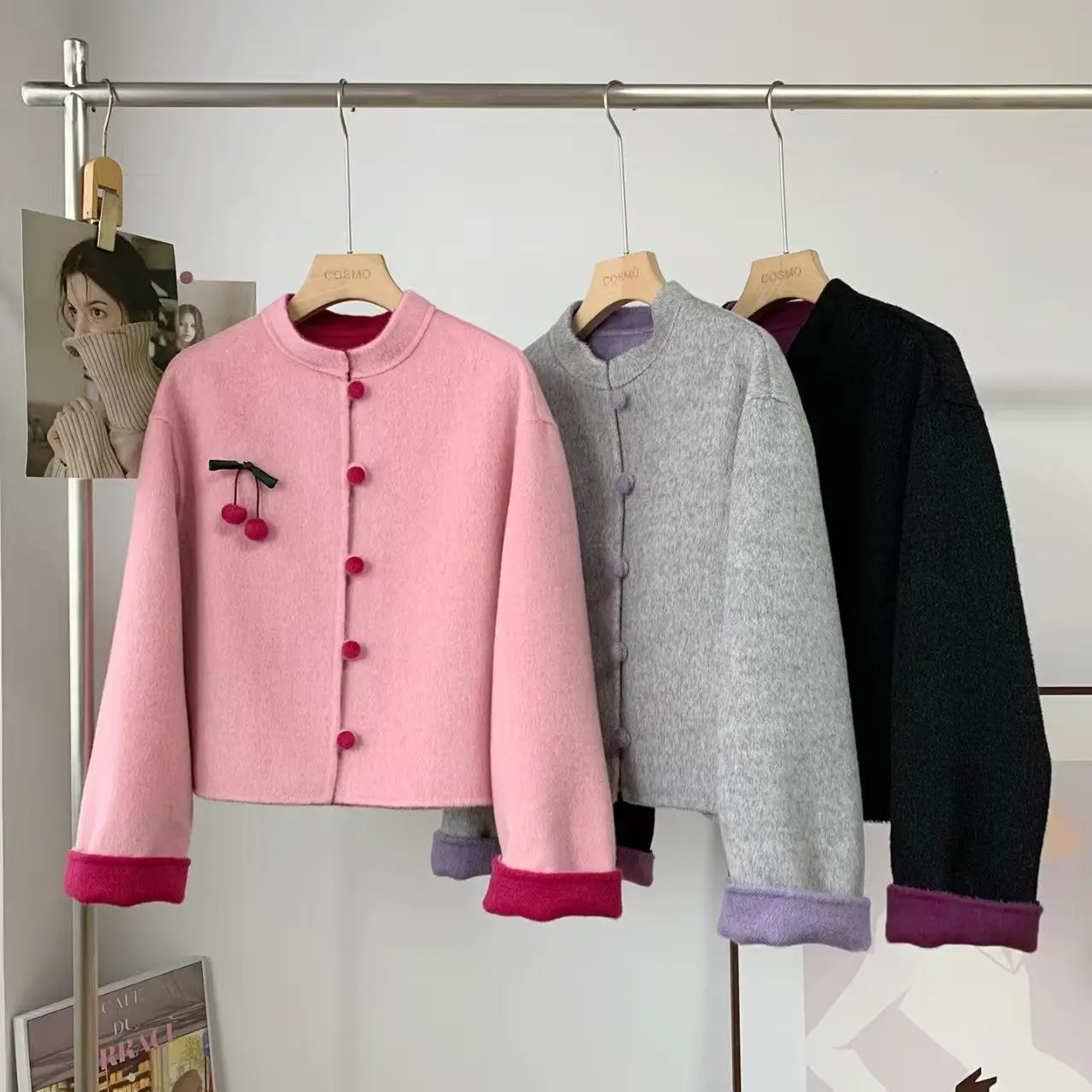 DoubleFace Wool Cropped Coat, Round Neck Oversized Drop Shoulder Wool Short Jacket, Soft and Playful Contrast Color Design with Cute Cherry Embellishment Womenswear Womenswear Womenswear