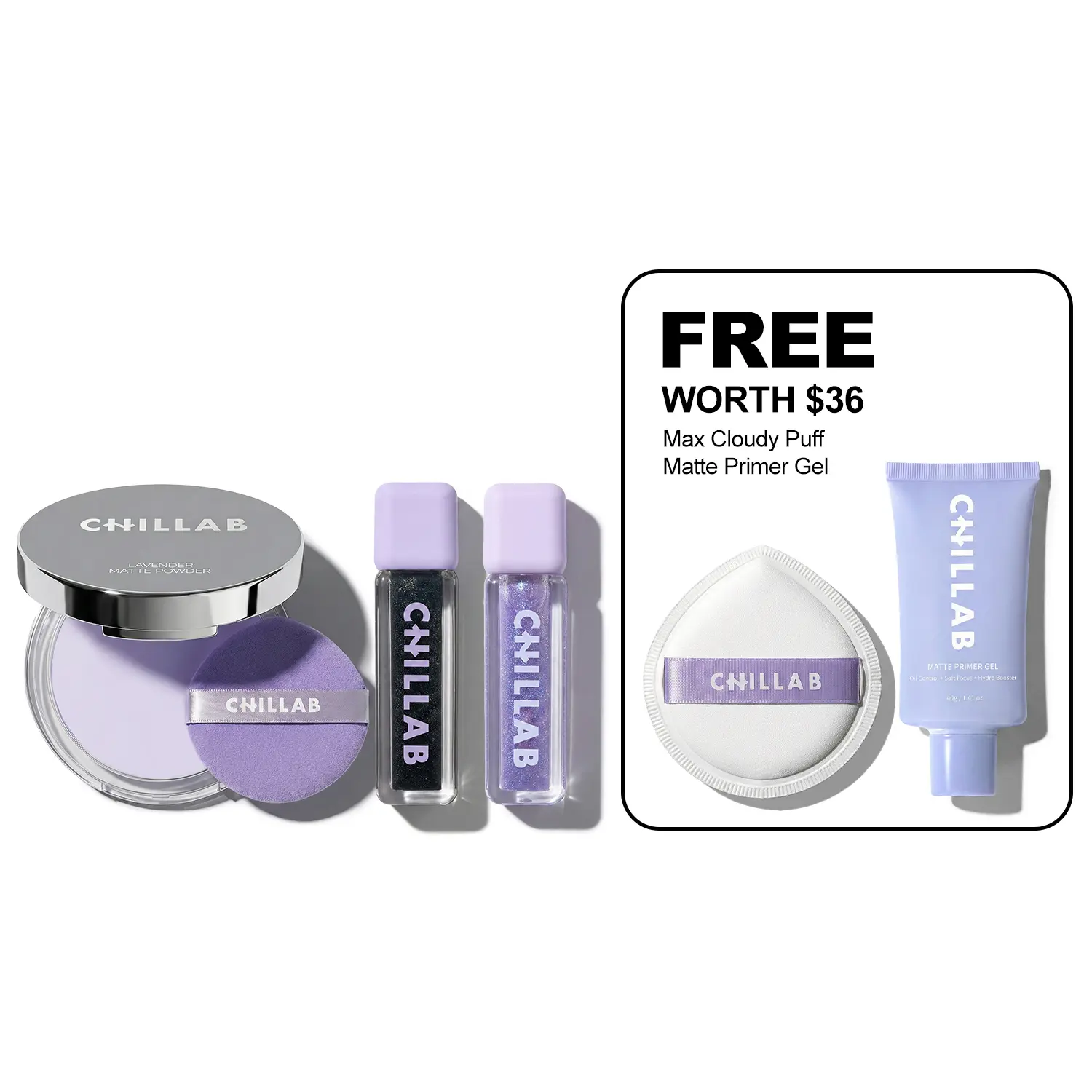 Chillab 5-piece Face and Lip Beauty Set Lavender Matte Powder with Magic Black and Lilac Plumping Lip Oils Matte Primer Gel and Max Cloudy Puff
