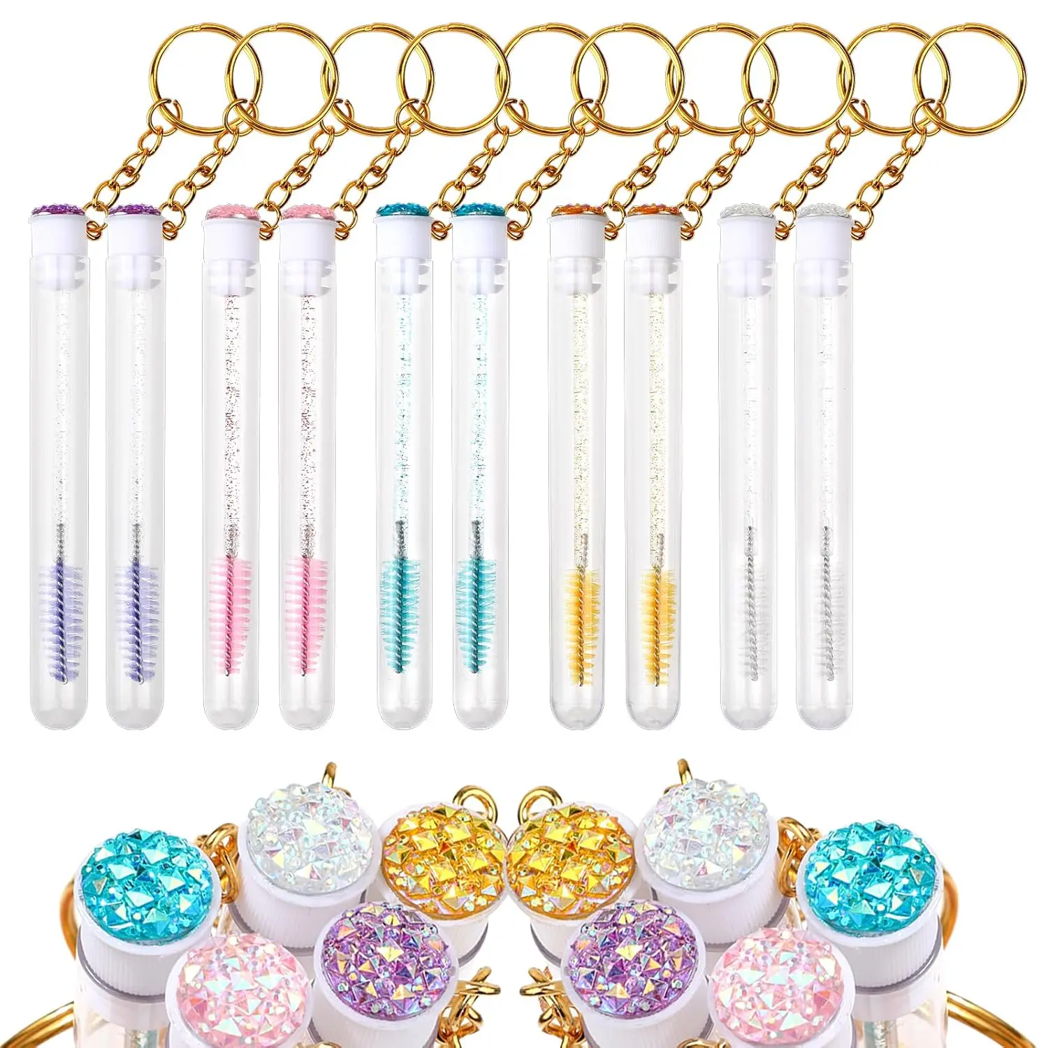 10 Pcs Disposable Plastic Cosmetic Eyelash Mascara Brushes Wands - Crystal Rhinestones Eyebrow Spoolies, Reusable Empty Container Keychain, Replacement Brush Applicator Kit for Daily Eyelash Extension, Lightweight