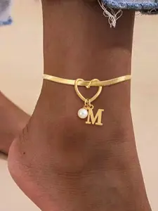 Women's Heart Initial Pearl Anklet, Personalized Fashion Stainless Steel Snake Chain, Casual All Season Foot Jewelry, Trendy Jewelry