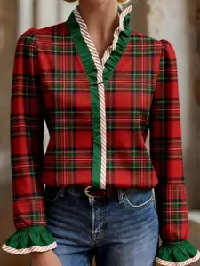 Women's Fashion Long-Sleeve Plaid Polyester Blouse - Ruffle Trim, Festive Green Red, Elegant Design, Holiday Clothes for Christmas, New Year - Casual Dressy Winter Shirts