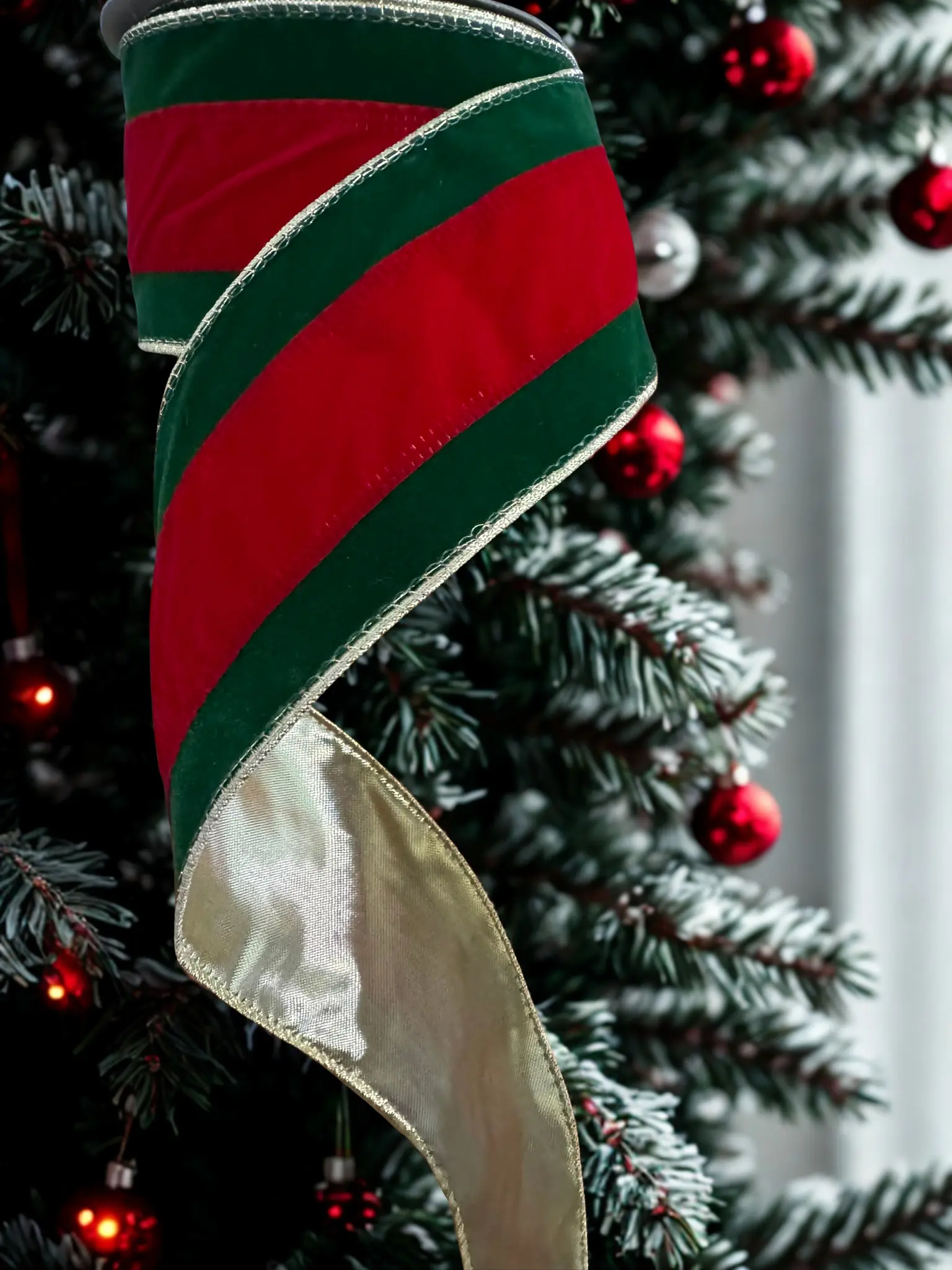 2.5"x10yd Striped Wire Edge Green Velvet Ribbon - Red Center, Gold Back, Glam Classic Christmas Festive Decoration Ornaments for Gift Wrapping, Floral Arrangements, 10 Yards