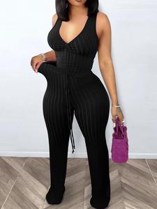 Women's Solid Ribbed Ruched Drawstring Crop Tank Top & High Waist Pants Set, Casual Comfort Sleeveless Deep V Neck Top & Trousers for Daily Wear, Lady's Clothes for All Seasons