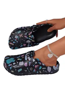 Women's Fashion Cartoon Print Hollow Out Shoes Eva Summer Non-Slip Work Shoes Lightweight Flat Soft Sole Adjustable Buckle Slip-On Beach Garden Fall Casual Home Slippers