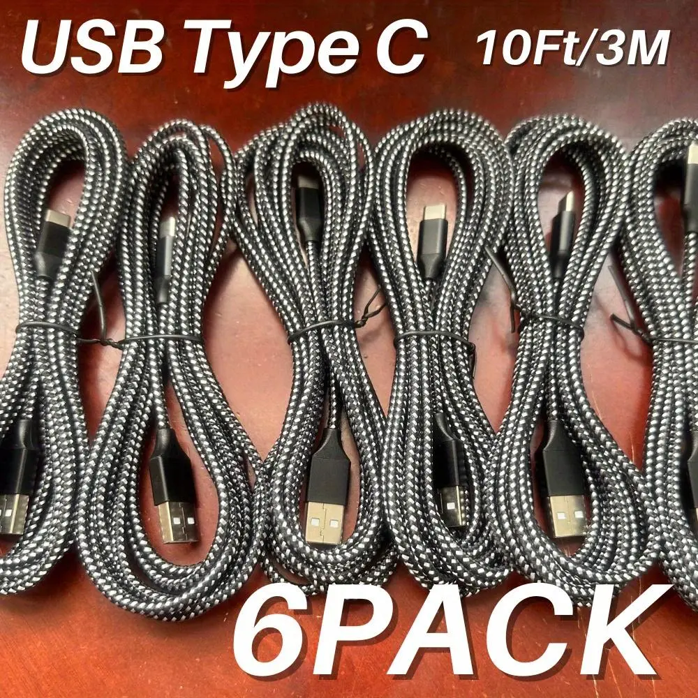 6-Pack 10ft Durable Nylon Braid USB-C Quick Charge Cable, Aluminium Alloy Sync Cord with Type C Plug for Samsung Smartphones & Mobile Electronic Devices