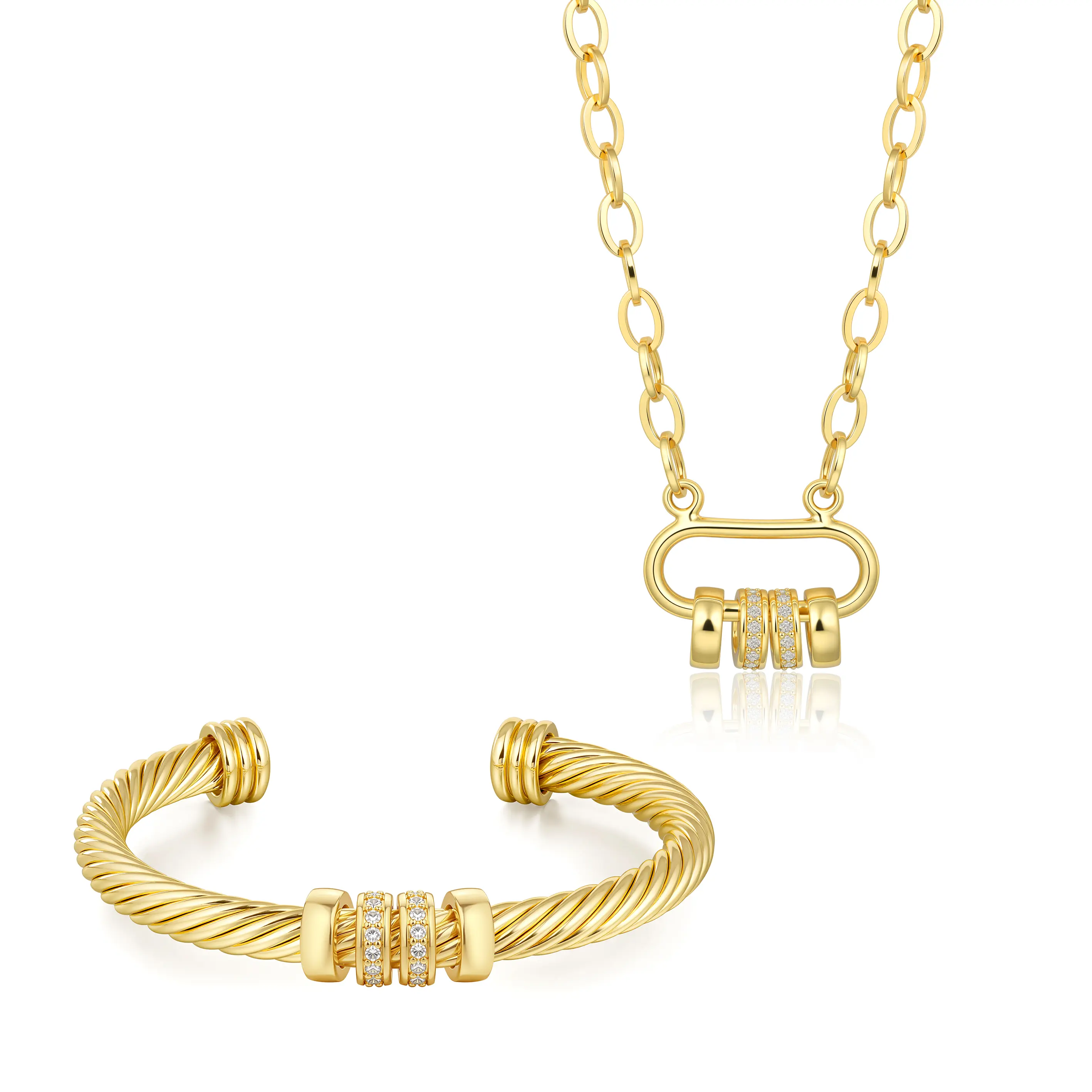 Aprilery Women's 2-Piece Sparkling Jewellery Set, Spin-for-Luck Amulet Necklace & Cubic Zirconia Rotating Center Cuff Bracelet, Trendy Artificial Gemstone Necklaces Set tiktokshopbacktoschool