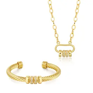 Aprilery Spin for Luck Amulet Necklace and Cuff Bracelet Set with Cubic Zirconia Rotating Center for Women Modern Jewelry