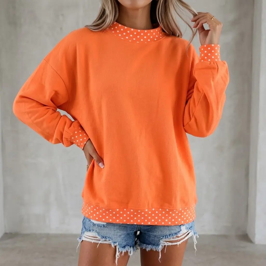 PHEFEE Women's Mock Neck Sweatshirt, Casual Wear Long Sleeve Comfy Pullover Tops with Polka Dot Accents, Fashion Patchwork Fabric