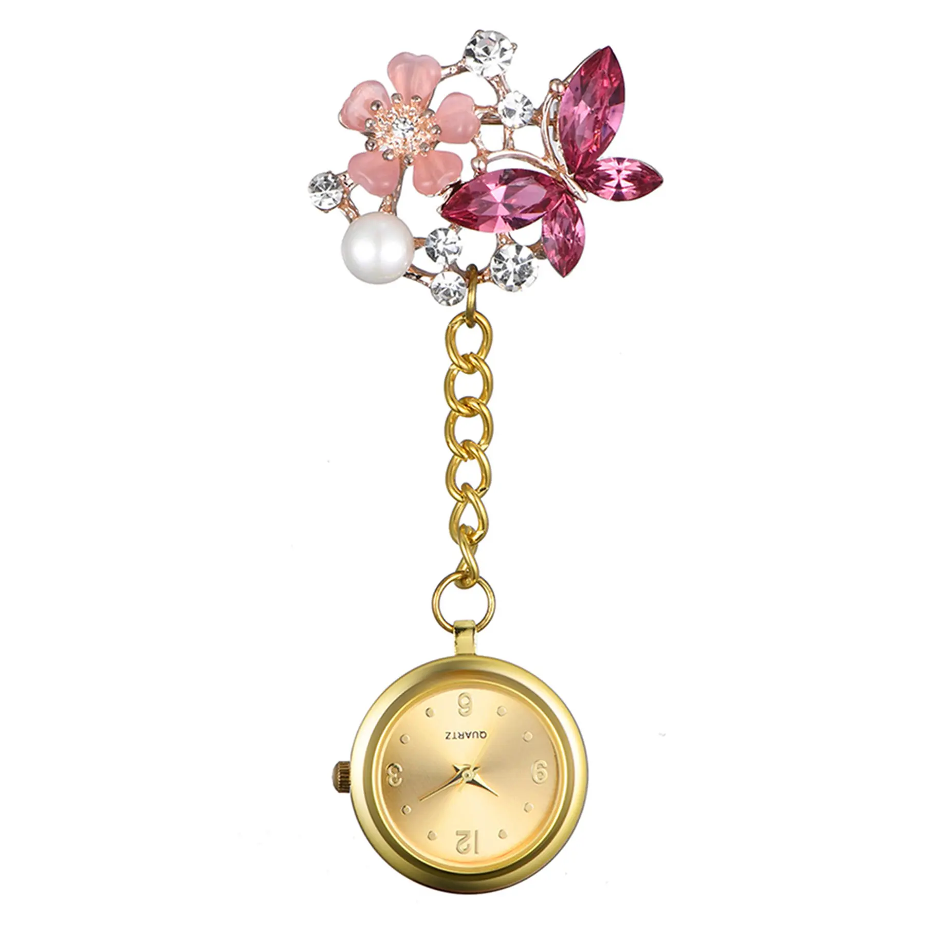 OIDEA Full Crystal Butterfly Flower Brooch Nurse Pocket & Fob Watch - Crystal-Themed, Colored Rhinestones, Rhinestone Watch Shell, Purple Accent, Gold Tone, 3 Colors, 1ATM, Colored Rhinestones Pocket & Fob Watches, Crystal-Themed Pocket & Fob Watches