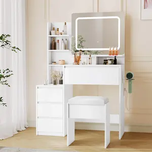 36 Inch Vanity Desk, Modern Makeup Vanity, Mirror with LED Lights, 3 Adjustable Lighting Colors, 4 Drawers, Power Outlet, USB Ports, Cushioned Stool, Dressing Table Set, Bedroom Vanity for Women