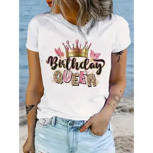 Birthday Queen Graphic Tee - Soft & Breathable Fabric with Birthday Queen Crown Print, Relaxed Fit Short Sleeve Round Neck for Birthday Outfit, Girls Night Out & Casual Street Style Celebrations