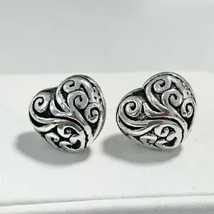 Sterling Silver 925 Puffy Heart Stud Lightweight Hollow Earrings Electroform Jewelry