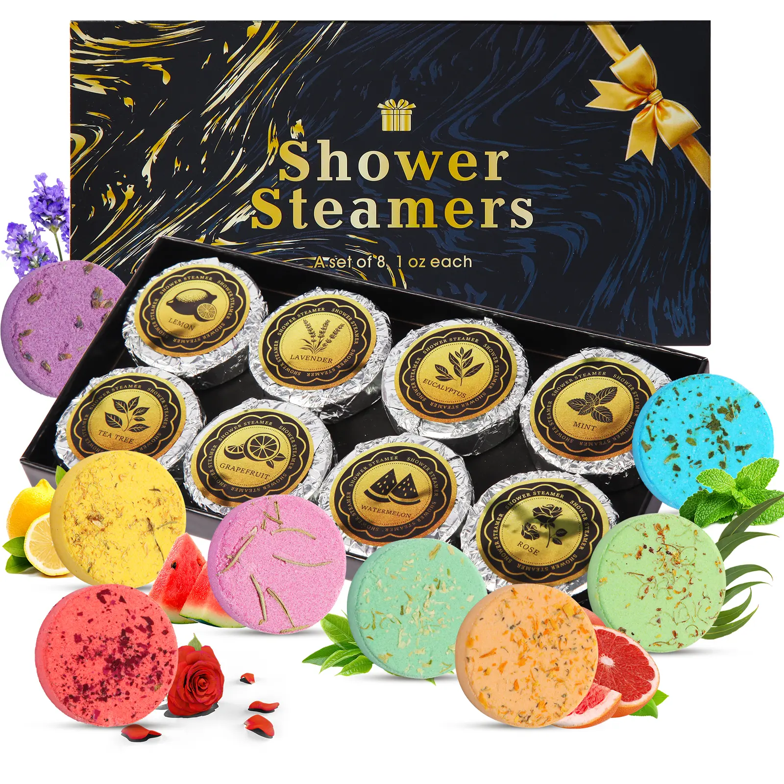 8-Pack Essential Oil Shower Steamers - Multiple Scents Set Packs, Fresh Aromas Relaxing Aromatherapy Self-Care Gift Set for Women with Lavender, Eucalyptus, Skin Repair Body Care Benefits