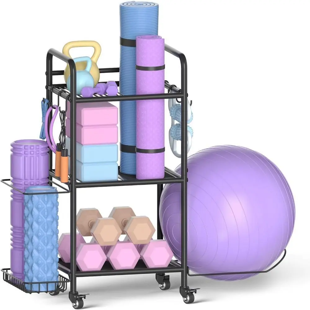 Home Gym Storage Rack Exercise Equipment Storage Organizer for Yoga Mat, Dumbbells, Kettlebells, Foam Roller, Yoga Strap & Resistance Bands, Ideal Yoga Mat Holder & Workout Equipment Organizer