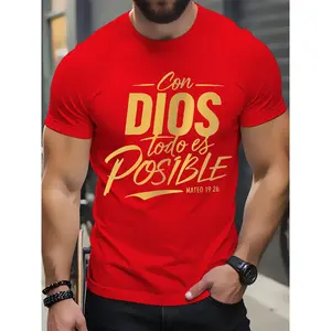 Men's Spanish Inspirational Quote T-Shirt "Con Dios Todo Es Posible" - Relaxed Fit Crew Neck Short Sleeve Casual Shirt with Hot Transfer Print, Light Grey & Golden Lettering, All-Season Comfort for Daily Wear, Lounge & Faith-Based Apparel