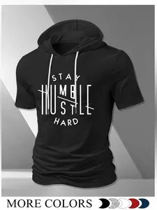 Men's Hooded Short Sleeve 'stay Humble Hustle Hard' Fitted Tee, Street Style Aesthetics Summer Top, Multiple Colors Available, Casual Fashion