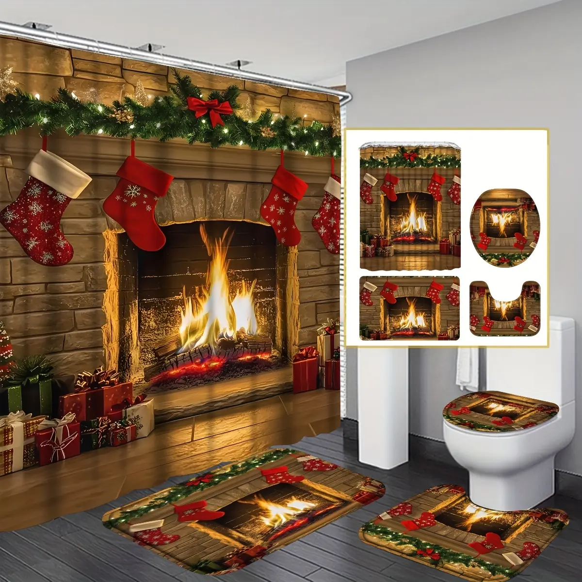 Ahty Christmas Fireplace Theme Shower Curtain Set, 4pcs Shower Curtain With Non-Slip Bathroom Rug, Toilet U-Shape Mat, Toilet Lid Cover Pad, Christmas Theme Bathroom Partition With 12 Hook, Bathroom Accessories For Christmas Decor