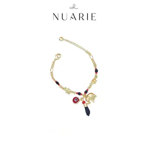 NUARIE Bohemian Evil Eye Elephant Ankle Bracelet - Red Beads, Gold Chain, Dainty Cartoon Charm, Casual Unisex Minimalist Luxury Costume Jewelry Gift for Festival Wear