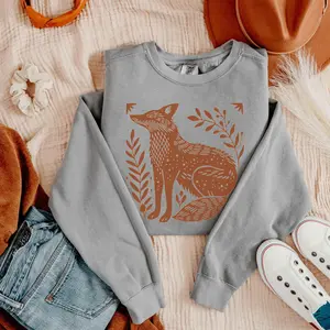 Fox Sweatshirt Fox Sweater Comfortcolors Crewneck Lino Shirt Block Print Shirt Granola Girl Mens Fox Sweater Scandinavian Folk Art