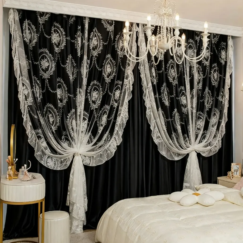 1 pc European retro floral with pleated edges double layer Blackout Window Curtain, with wavy curtain head design, 100% blackout, UV protection function, suitable for living rooms, bedrooms, home decoration, Curtains Black Out