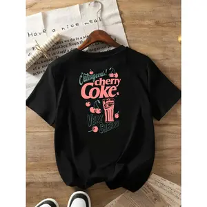Women's Vintage Cherry Coke Graphic T-Shirt - Retro 80s Inspired Short Sleeve Round Neck Top with Front & Back Print, Soft Breathable Fabric for Casual Summer Outfits, Spring & Fall Casual Attire (Machine Washable)