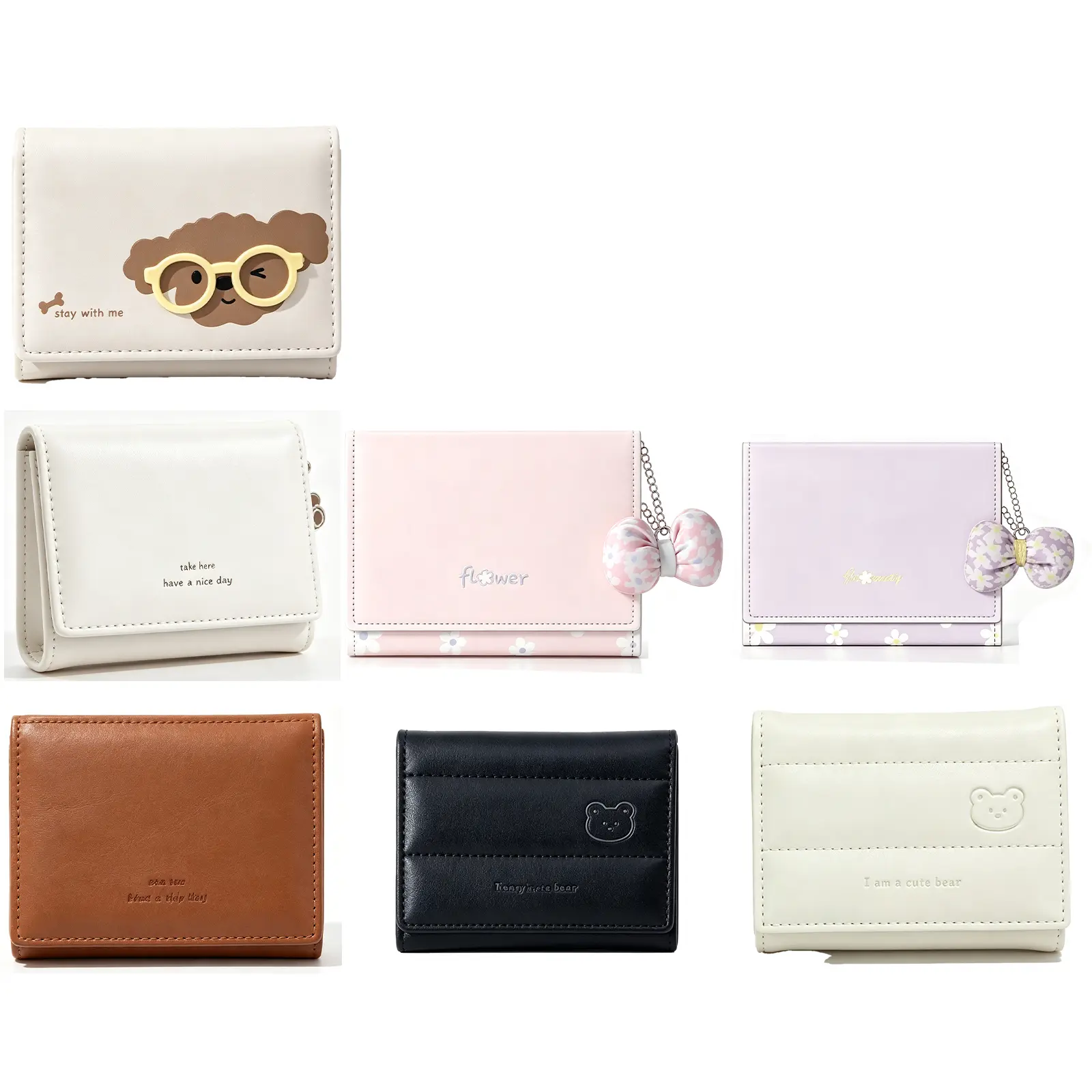 7Pcs Kawaii Coquette Aesthetic Short Wallet Collection, Bear Print Floral Bow Mini PU Leather Card Purse with Multi Card Slots & ID Window, Portable Small Wallet Gift for Teen Girls Ladies Travel Daily Life