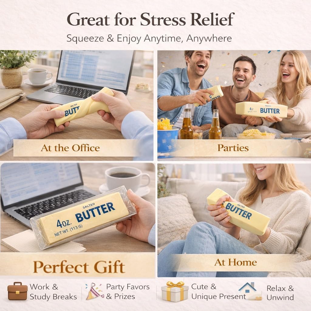 Slow Rising Butter Squishy Soft Foam Squeeze Ball Cute Realistic Food Design Stress Relief Fidget Tool Portable Relaxing Gadget for Office Work Study Home Travel and Daily Relaxation