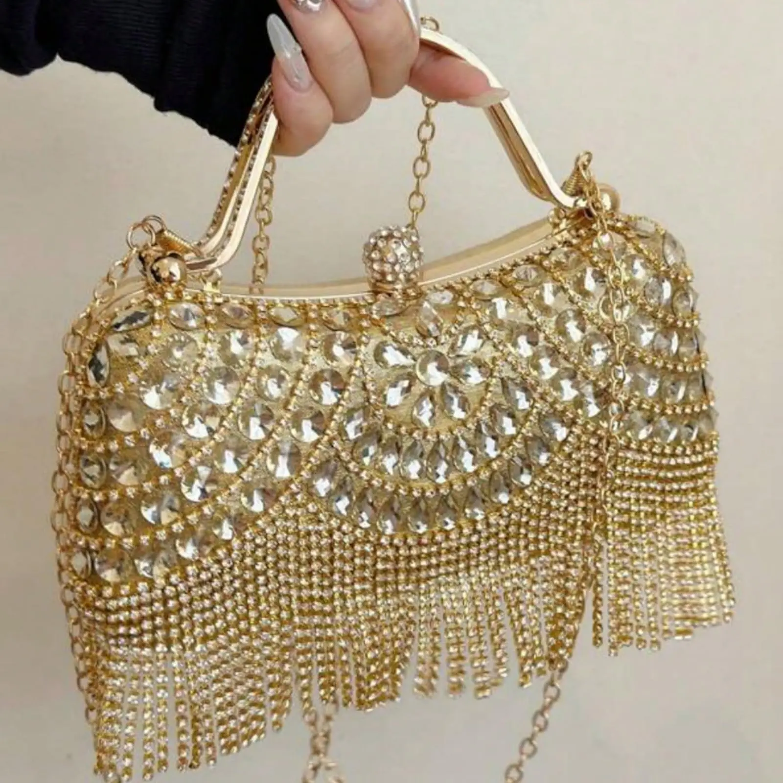 Women Evening Clutch Bag Shiny Glitter Tassel Handbag with Detachable Metal Chain Elegant Purse for Wedding Prom Party