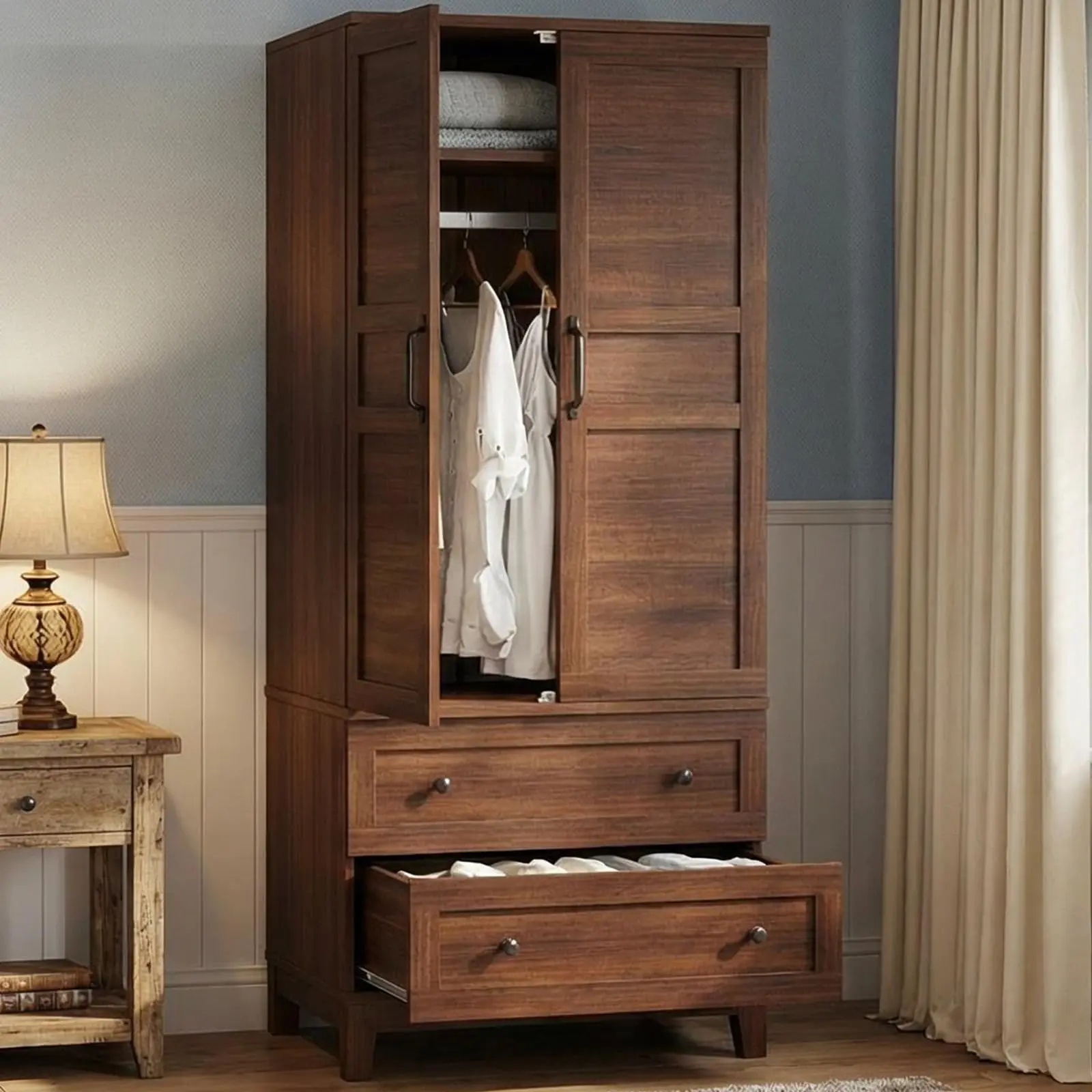 Garvee Walnut Brown Wooden Armoire Wardrobe Closet - 72in High Freestanding Flat Panel Rectangular Storage Closet Cabinet with 2 Drawers, Hanging Rod, Doors, 18 Adjustable Shelves for Bedroom Clothing Organization