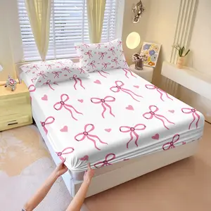 Cute Bowknot Themed Fitted Sheet Set, Soft and Breathable Bedding Set, Features a Lovely Bowknot Print Design, Creating a Romantic and Sweet Sleep Atmosphere in The Bedroom. Filling Not Included. Decorative Bedsheet Sets