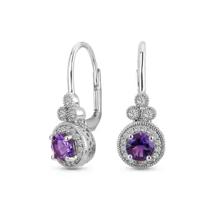 Art Deco Style Halo Circle Circlet Solitaire Synthetic Stone Drop Earrings .925 Sterling Silver