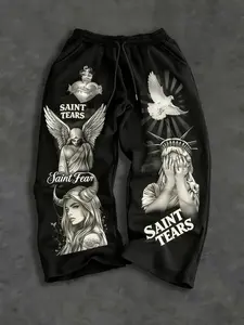 Men's Casual Loose-Fitting Pants with Angel Print Design, Perfect for Gym and Urban Outings, Comfortable Everyday Wear, Athleisure Style Bottoms