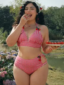 Swim Vcay Plus Size Women 2pcs Bikini Swimwear Set With Cute Cherry Decor, Adjustable Drawstring Waist & Bowknot Design, For Summer Beach Vacation