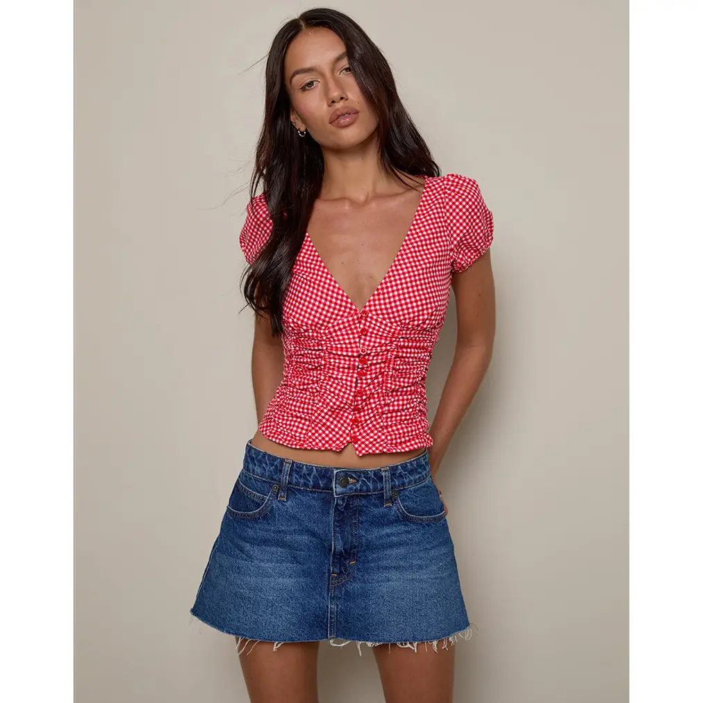Ilase Ruched Blouse in Red Gingham