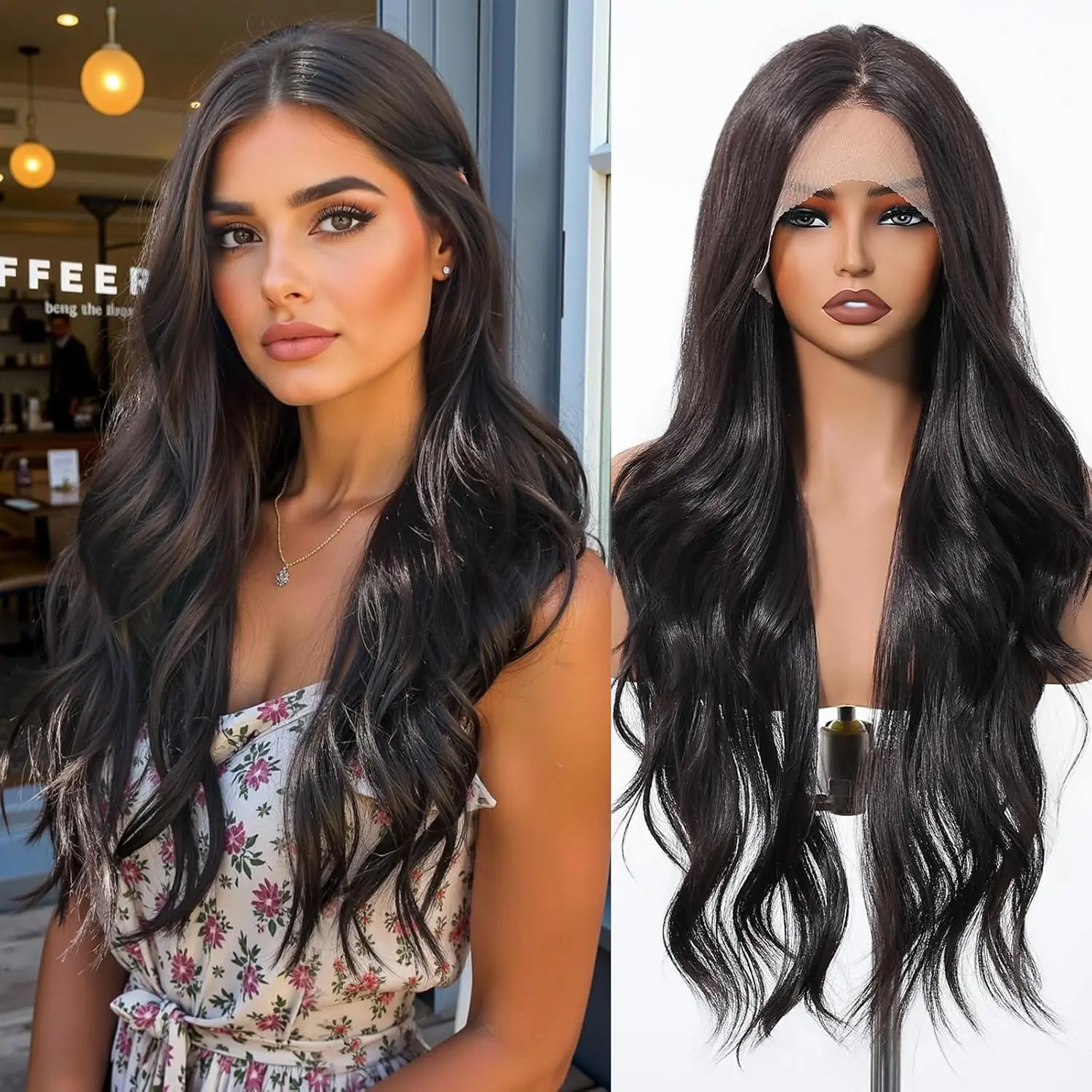 13x4 Transparent Lace Front Wig Natural Wave Brown Synthetic Wig for Women Natural Hairline Heat Resistant wigs with Adjustable Cap and Scalp Texture Lace Frontal Wigs