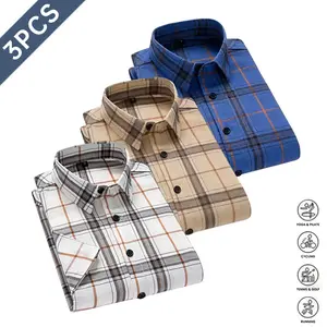 Men’s casual summer short-sleeve shirt, 3-pack plaid fashion top with pockets, turn-down collar, trendy minimalist everyday casual shirt, Basic, Menswear