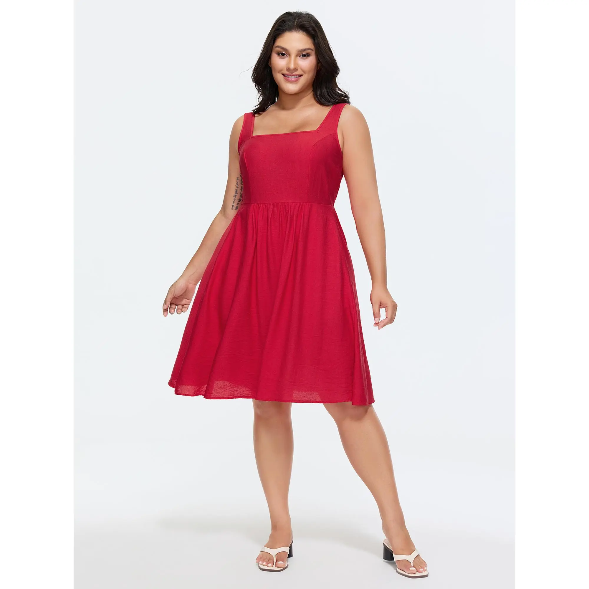 BLOOMCHIC Women's Plus Size Nylon Garment Lady Casual Wear Dress - Bow Design, Shirred Waist-Defining, Smooth Sleeveless, Plain Mini, Pocket, Flattering Cut, Tummy-Friendly Fit, M-6X, Summer Women's Clothes Fabric Dress, Bump Friendly Outfits, Tummy Flatt