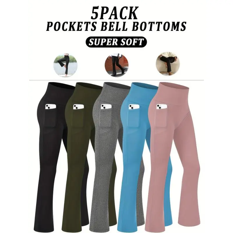 2026 Christmas5-Pack Women's Soft Flare Pants With Pockets, Waisted Tummy Control Athletic Yoga Boot Pants