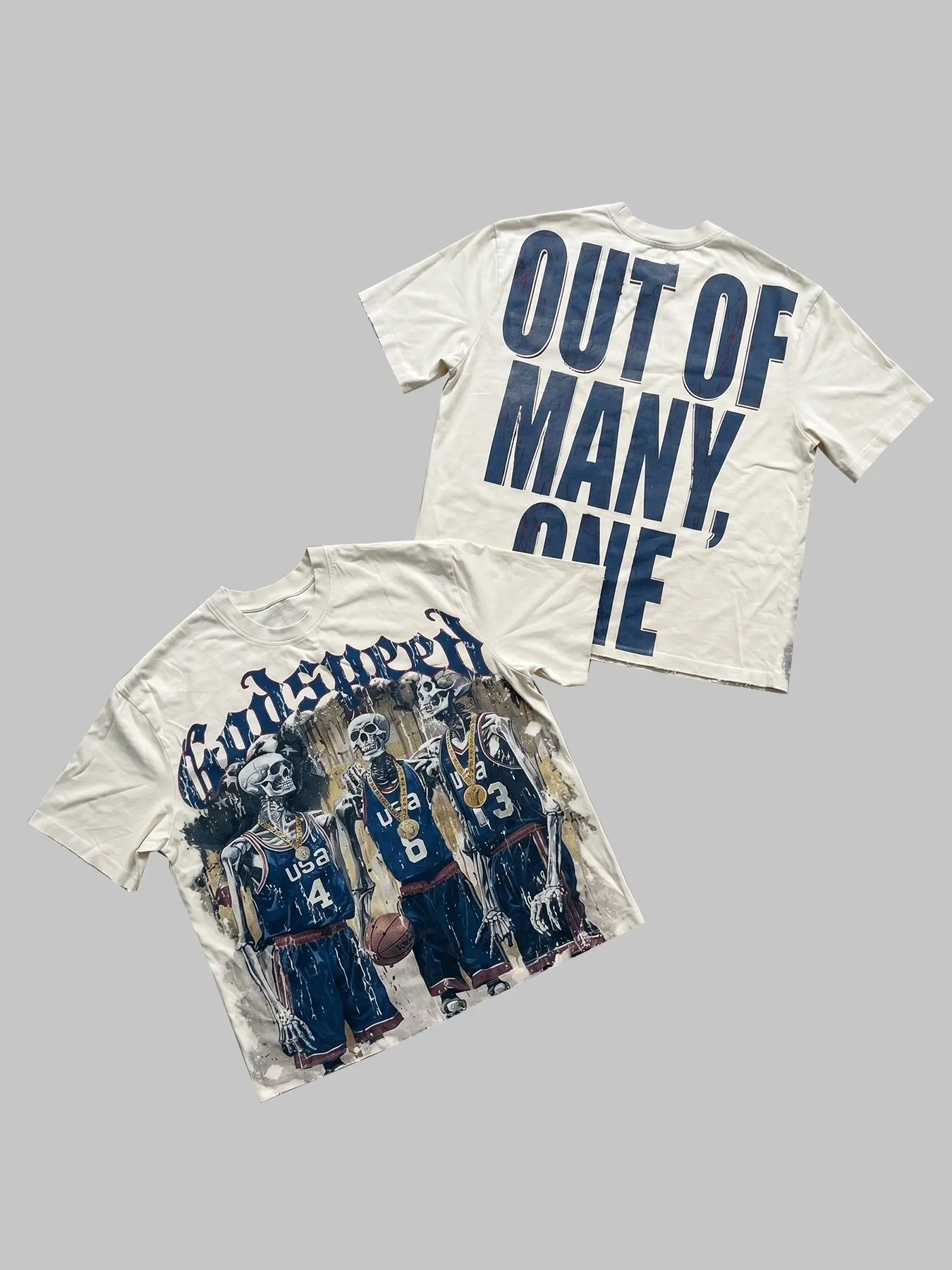 Men's Off-White "Godspeed" Skeleton Basketball Print T-Shirt, Beach Club Streetwear Oversized Crew Neck Top, Gothic Font & "Out of Many, One" Back Print, Versatile Casual Tee for Men's Daily Outfits, Casual Sporty Shirt