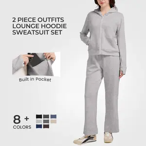 FAIABLE Women's 2 Piece Outfits Lounge Hoodie Sweatsuit Sets-Cropped Zip Up Hoodies & Straight Leg Longe Pants Leisure Travel Vacation Clothes Sweatsuits for Fall Winter