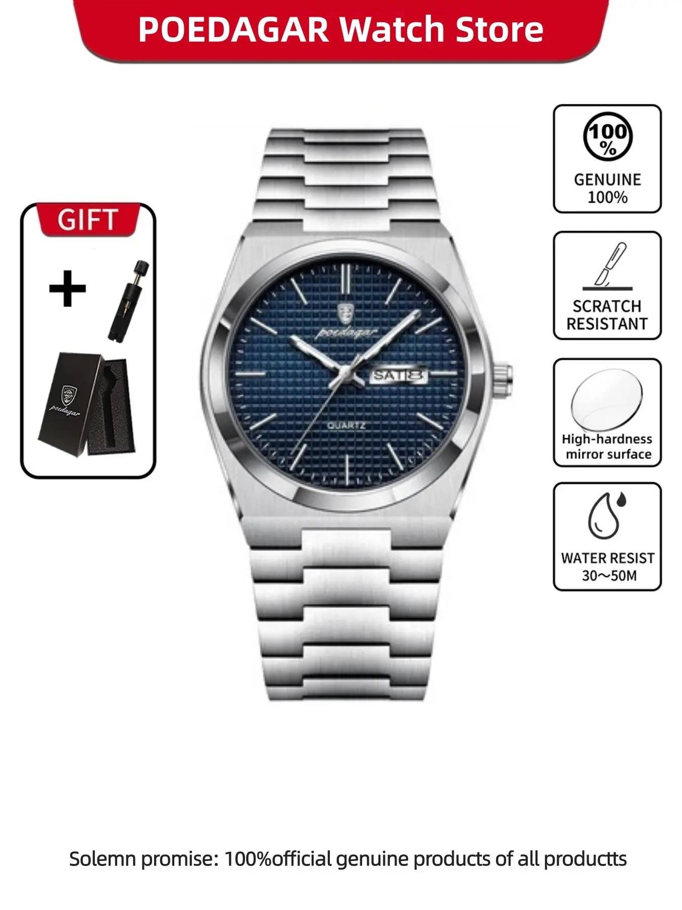 POEDAGAR men's stainless steel quartz watch, Analog Quartz Watches, Luminous Waterproof Watch, Modern Trendy Watch, Business Fashion Watches, Fashionable Wristwatch, suitable for daily wear and gift givin