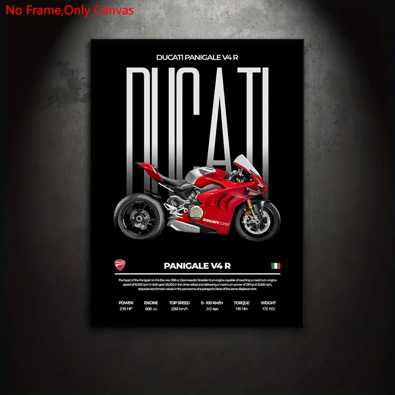 1 piece/set frameless canvas painting print poster artwork, classic minimalist vehicle art prints, superbike Ducati Panigale V4 R, gift for motorcycle culture enthusiasts, ideal gift for bedroom, living room, wall decoration, room decor, Modern home decor