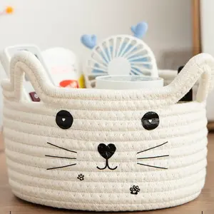 X-SBB12 Cat Basket Storage Woven Organizer with Ears Decorative Pet Toy Cute Cotton Rope Basket for Gift Cat Dog Toy Bin Nursery Room(8.3 x 4.7 Inch,White) Decoration Flower