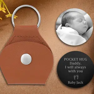 Father's Day Gift Ideas for Dad Personalized Photo Pocket Hug Token Custom Leather Keychain for Him from Kids Unique Meaning Birthday Anniversary Gift for Husband or Loved Ones