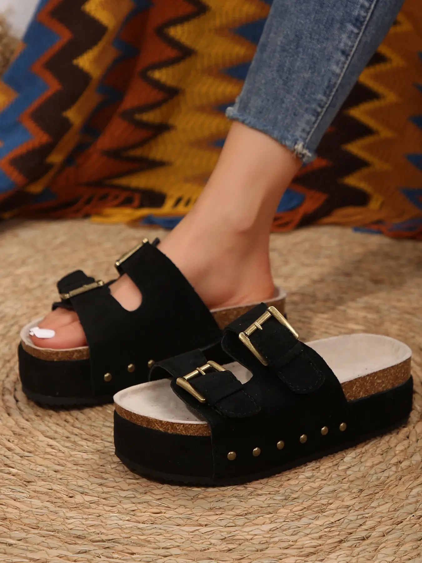 Women's Summer Fashion Casual Leopard Print Double Buckle Decorated Slides Sandals, Thick Sole Waterproof Platform Slippers, Stylish Flat Shoes for Women, Footwear, Black, Cozy Fashionable Platform Sandals