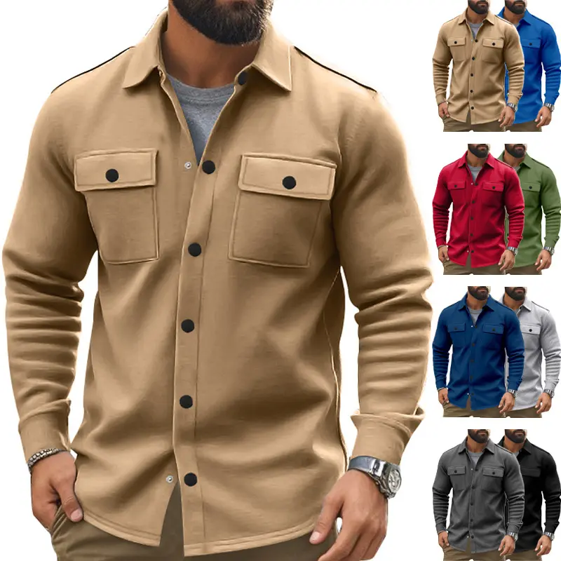 Menswear Men’s American Workwear-Style Long-Sleeve Shirt Jacket, Turn-Down Collar, Double Chest Patch Pockets, Full-Button Front, Soft Brushed Fabric, Solid Color Casual Outerwear for Spring, Autumn, Commuting