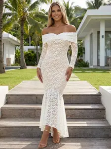 Curvysweet Off Shoulder Mermaid Dress for Women Elegant Lace Design High Stretch Fabric Fitted Shaping Perfect for Weddings Parties and Formal Occasions Summer Style