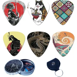 Celluloid Guitar Picks-12 Pack Includes Thin, Medium & Heavy Gauges-Bundle W/Free Metal Box+ Leather Key Chain Pick Holder ( Art)   for Guitar Lovers