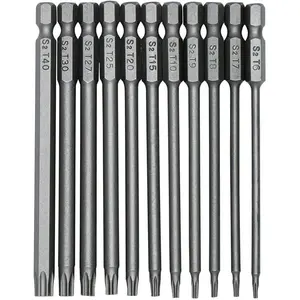11 count Torx   Bit Set,  1/4 Inch Hex Shank S2 Steel 3 Inch Long Drill Bits,  Torx Bits T6-T40, 75mm Length