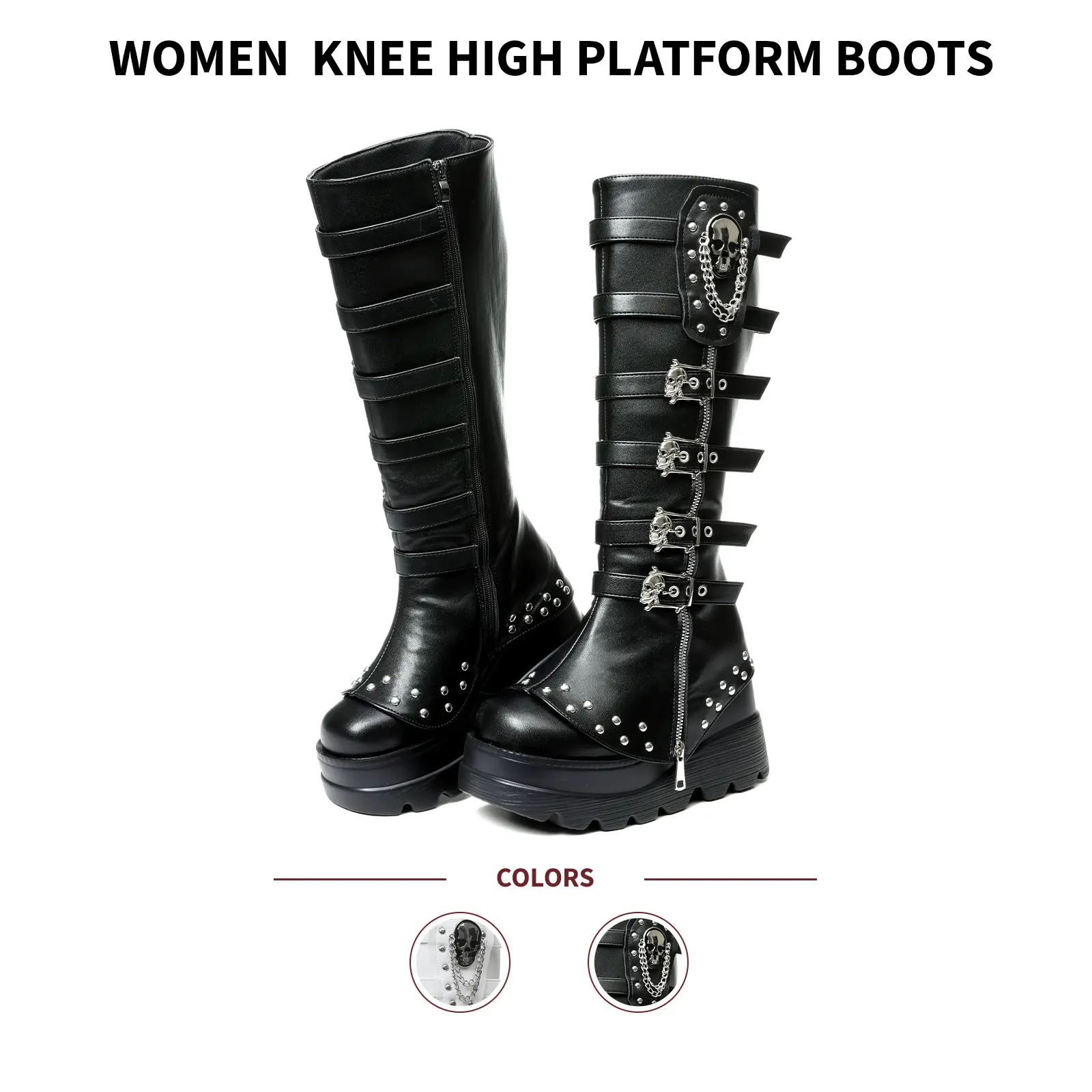 VIMISAOI Platform Boots For Women Round Toe Chunky Wedge Heel Side Zipper Skull Buckle Chain Rivets Side Zipper Gothic Punk Concert Rave Festival Motorcycle Cosplay Comfortable Fashion Shoes Knee High Booties Summerwins